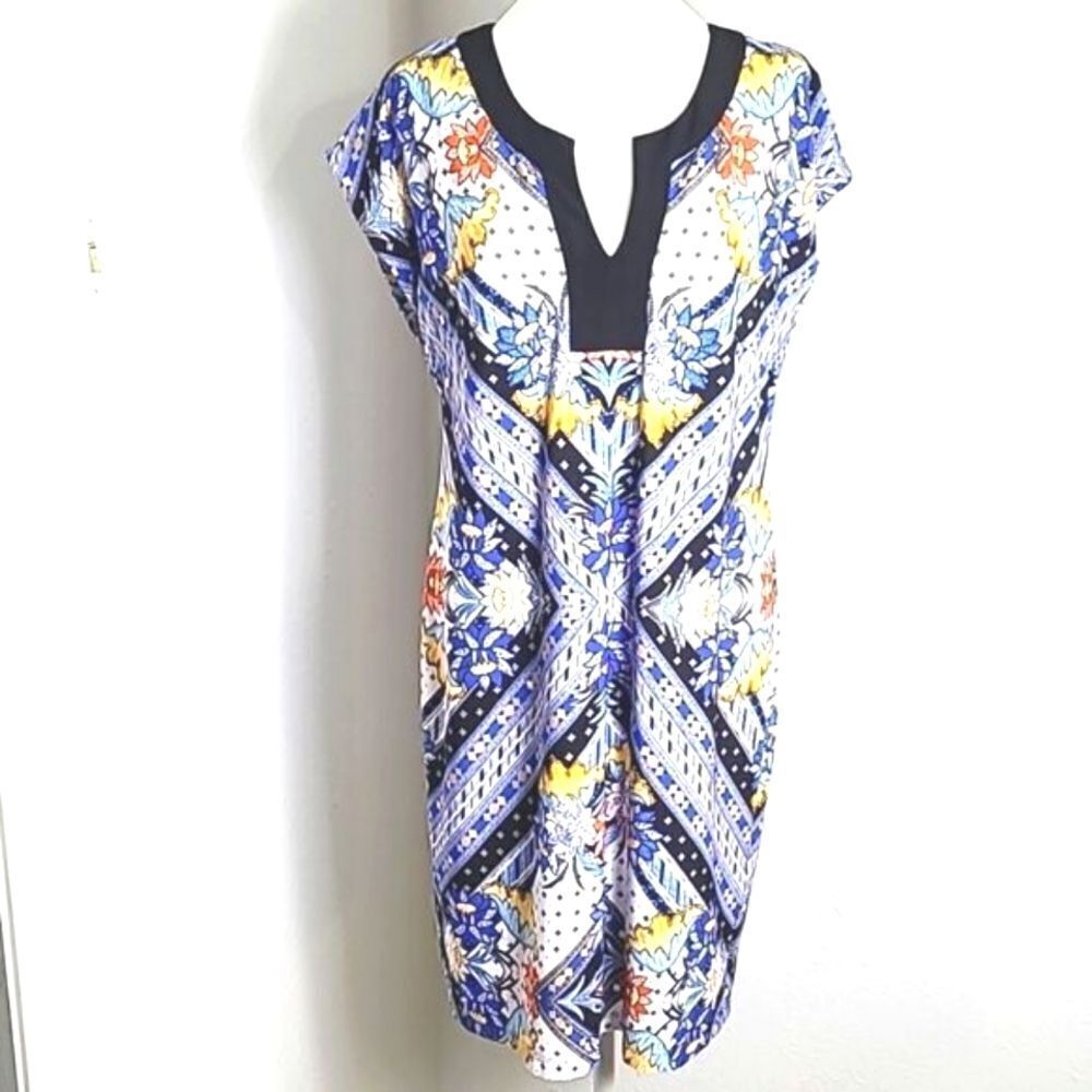 Laundry by Shelli Segal Blue & Yellow Floral Dress with Black Trim, Size Medium - Picture 2 of 9